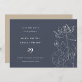 Navy Wasserlilie Floral Sketch Save the Date Karte (Vorne/Hinten)