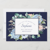 Navy Watercolor Floral Blue Hydrangeaid Bridesmaid Einladung (Vorderseite)