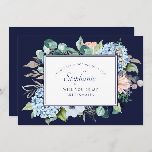 Navy Watercolor Floral Blue Hydrangeaid Bridesmaid Einladung (Vorne/Hinten)