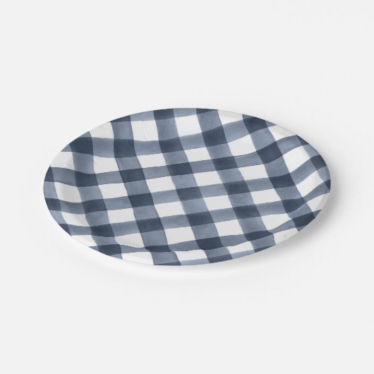 Navy Watercolor Gingham Pappteller (Schrägansicht)