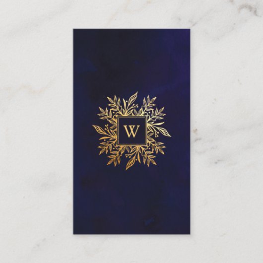 Navy Watercolor & Gold Foliage Monogram Emblem Visitenkarte (Vorderseite)