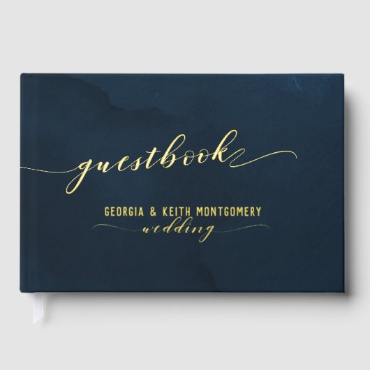 Navy Watercolor Gold Script Hochzeit Gästebuch (Vorderseite)