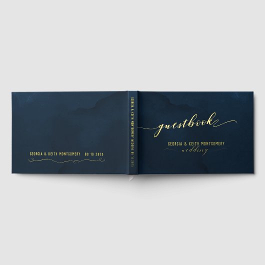 Navy Watercolor Gold Script Hochzeit Gästebuch (Voll)