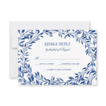 Navy Watercolor Laurel Wreath Wedding RSVP