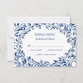 Navy Watercolor Laurel Wreath Wedding RSVP Karte