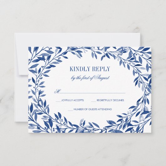 Navy Watercolor Laurel Wreath Wedding RSVP Karte (Vorderseite)