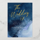 Navy Watercolor Moderne Hochzeitsgold Folieneinladung (Vorderseite)