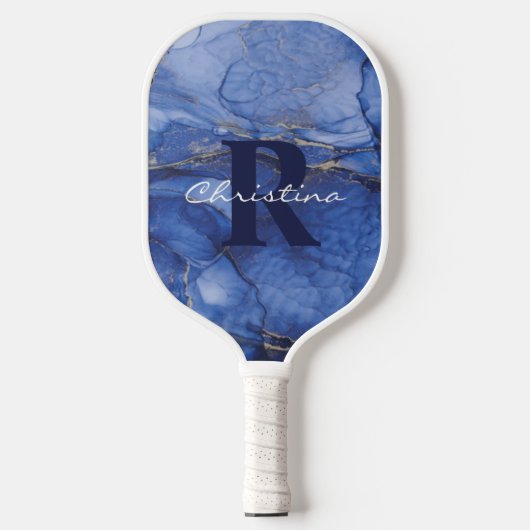 Navy Watercolor Monogram & Name individuell einste Pickleball Schläger (Vorderseite)