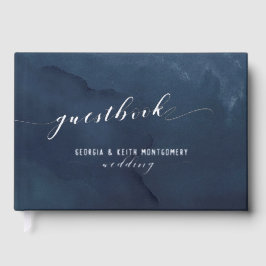 Navy Watercolor Silver Script Elegante Hochzeit Gästebuch