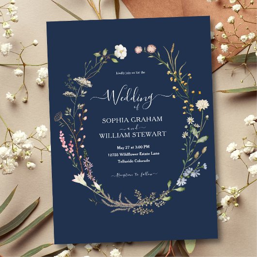 Navy Watercolor Wildblume Theme Boho Wedding Einladung