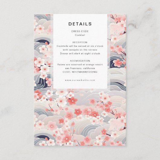 Navy Waves Sakura Blossom Modern Wedding Details Begleitkarte (Vorderseite)