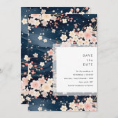 Navy Waves Sakura Blossom Modern Wedding Save The Date (Vorne/Hinten)