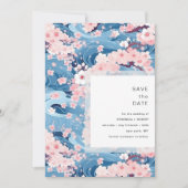 Navy Waves Sakura Blossom Modern Wedding Save The Date (Vorderseite)
