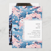 Navy Waves Sakura Blossom Modern Wedding Save The Date (Vorne/Hinten)
