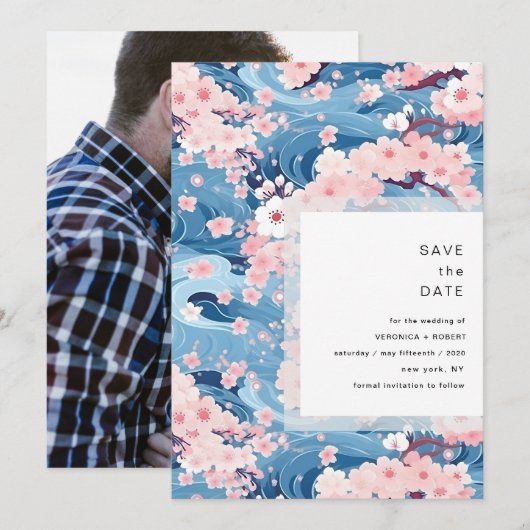 Navy Waves Sakura Blossom Modern Wedding Save The Date (Vorne/Hinten)