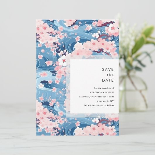 Navy Waves Sakura Blossom Modern Wedding Save The Date (Stehend Vorderseite)