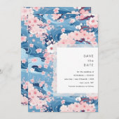 Navy Waves Sakura Blossom Modern Wedding Save The Date (Vorne/Hinten)