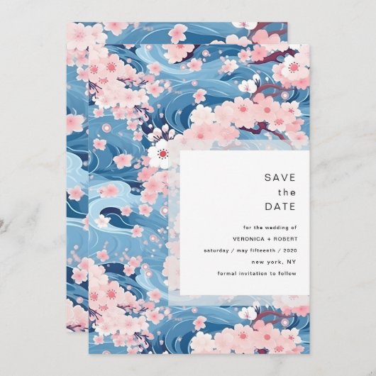 Navy Waves Sakura Blossom Modern Wedding Save The Date (Vorne/Hinten)