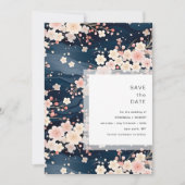 Navy Waves Sakura Blossom Modern Wedding Save The Date (Vorderseite)