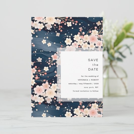 Navy Waves Sakura Blossom Modern Wedding Save The Date (Stehend Vorderseite)