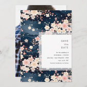 Navy Waves Sakura Blossom Modern Wedding Save The Date (Vorne/Hinten)