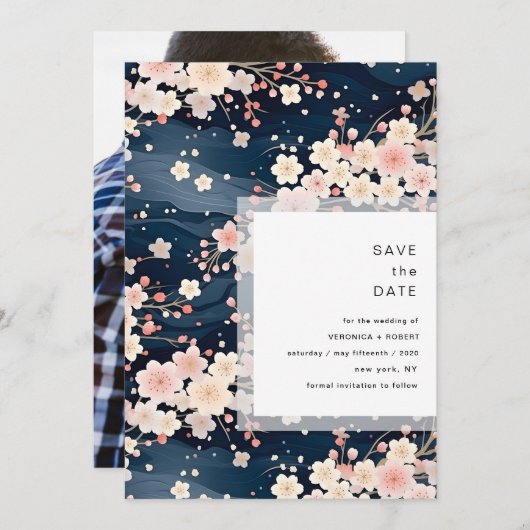 Navy Waves Sakura Blossom Modern Wedding Save The Date (Vorne/Hinten)