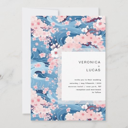 Navy Waves Sakura Blossom Moderne Hochzeit Einladung (Vorderseite)