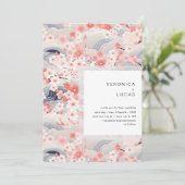 Navy Waves Sakura Blossom Moderne Hochzeit Einladung (Stehend Vorderseite)