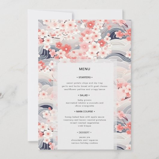 Navy Waves Sakura Floral Modern Wedding Menu Einladung (Vorderseite)