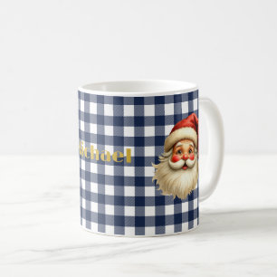 Navy & Weiß Büffel Karo Santa und Gold Name Kaffeetasse