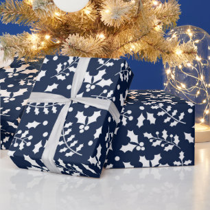 Navy & Weiß Festliches Weihnachts-Stechpalmen-Must Geschenkpapier
