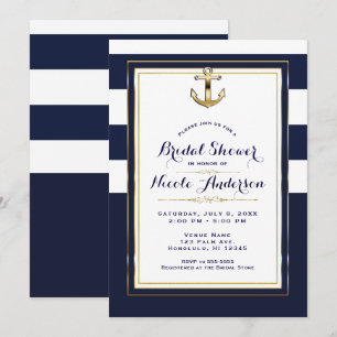 Navy Weiß & Gold Anker Nautische Brautparty Einladung