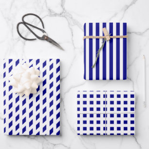 Navy Weiß Streifen Karo Diamant geometrisches Mus Geschenkpapier Set