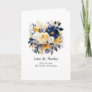 Navy, Weiß und Gold Blumenhochzeit Dankeskarte