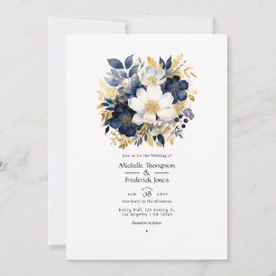 Navy, Weiß und Gold Florale Hochzeit Einladung