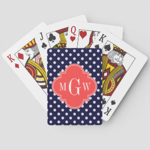 Navy Weiße Polka Dots Korallen Quatrefoil 3 Monogr Spielkarten