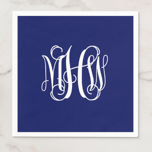 Navy White 3 Initial Vine Script Monogram DIY BG Serviette