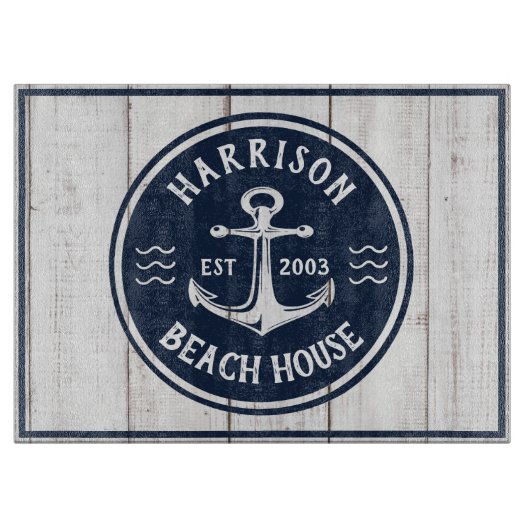 Navy & White Anchor Nautical Family Name Beach Co Schneidebrett (Vorderseite)