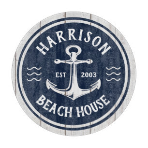 Navy White Anchor Nautical Family Name Beach House Schneidebrett
