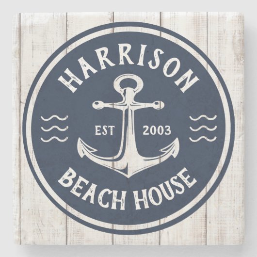 Navy White Anchor Nautical Family Name Beach House Steinuntersetzer (Vorderseite)