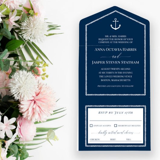 Navy White Anchor Nautical Wedding All In One Einladung
