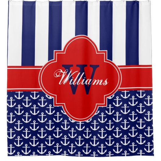 Navy White Anchor Strip 1ICBR Red Monogram Duschvorhang (Vorderseite)