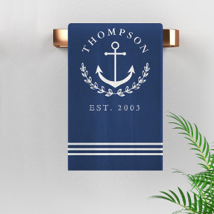 Navy White Anchor Wreath Nautic Name & Year Est Badehandtuch