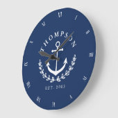 Navy White Anchor Wreath Nautic Name & Year Est Große Wanduhr (Winkel)