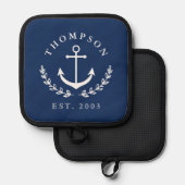 Navy White Anchor Wreath Nautic Name & Year Est Topflappen (Vorderseite/Rückseite)