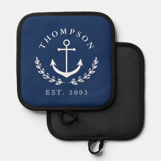 Navy White Anchor Wreath Nautic Name & Year Est Topflappen (Vorderseite/Rückseite)