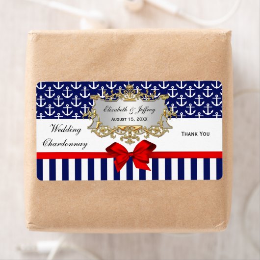 Navy White Anchors Stripe Red Bow Party Weinetiket (Insitu)