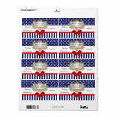 Navy White Anchors Stripe Red Bow Party Weinetiket (Vorne)