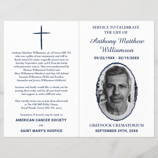 Navy & White Bi-fold Custom Photo Funeral Program Flyer (Vorne)