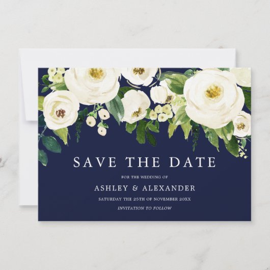 Navy & White Blooming Blume Elegante Alle Jahresze Save The Date (Vorderseite)